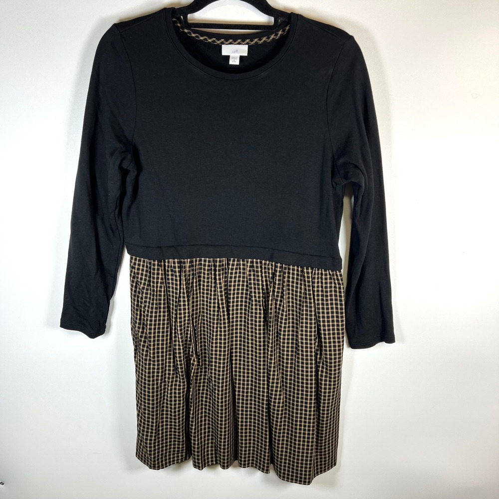 J. Jill Petite Midi Dress Black‎ Long Sleeve Plaid Skirt Cottagecore pockets